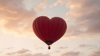 Obraz premium A heart-shaped hot air balloon floating in the air, with a sunset sky as the backdrop, warm and soft colors