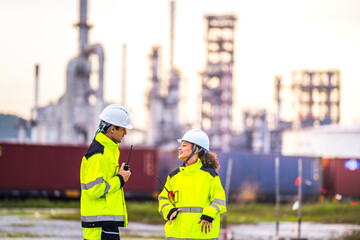 Two engineers in high-visibility safety gear and helmets conduct a field inspection at an industrial plant during sunrise, holding a tablet and measuring tools with soft pastel light background.
