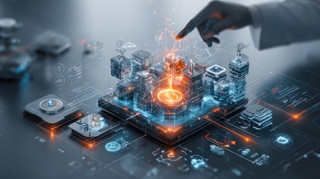 A futuristic digital interface with holographic city models and data overlays, manipulated by a hand in a high-tech environment. - Powered by Adobe