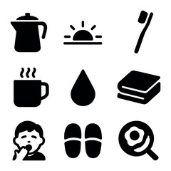 Morning Camp Icons. olid, filled icons set of morning camp routine: coffee pot, sunrise, toothbrush, camp mug,