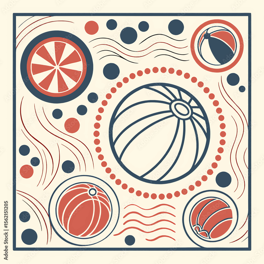 Aufkleber illustration of beach balls and circular shapes with dots and wavy lines in a square frame