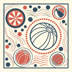 Illustration of beach balls and circular shapes with dots and wavy lines in a square frame