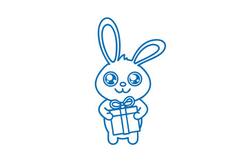 Cute blue bunny with big eyes is holding a wrapped gift box