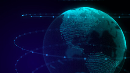 Network connection structure. Abstract technology background with digital connecting data on planet. Map Earth of dots. Blockchain concept. 3D rendering.