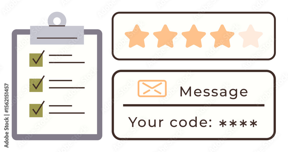 Poster clipboard with checklist, star rating, message with secure code. ideal for feedback, surveys, evalua