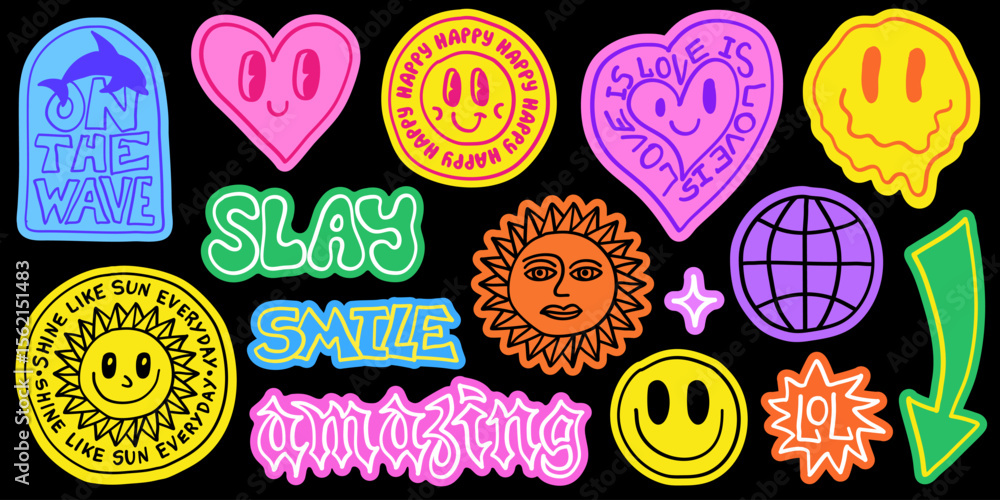 Poster cool hand-drawn stickers vector set. cute doodle cartoon character funny patches. pop art childish e