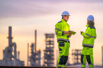 Two industrial workers in high-visibility safety uniforms discuss work plans on-site during golden...