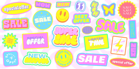 Super Sale Cartoon Stickers Collage. Cool Y2k Promo Patches with Wavy Texture.