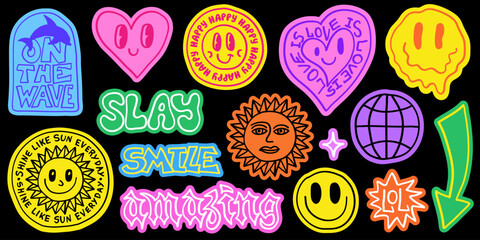 Cool Hand-Drawn Stickers Vector Set. Cute Doodle Cartoon Character Funny Patches. Pop Art Childish Emblems.
