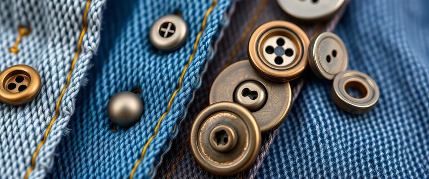 Close-up view of antique bronze & silver metal rivets, cloth buttons & denim fabric swatches,   supply, vintage