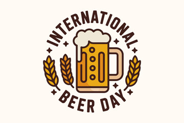 International beer day label with bold text and beer mug icon centered in vintage festival themed badge design  