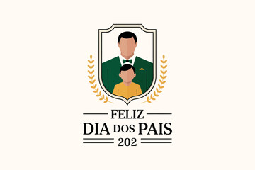 Brazilian fathers day badge with man and child inside gold crest for happy family themed poster or label  