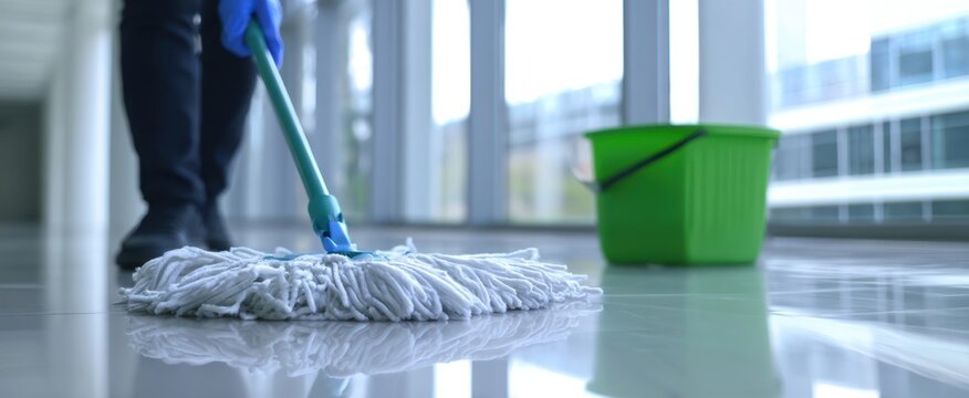 The cleaning process featuring a mop and bucket in a modern office setting.