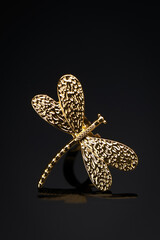 Metal dragonfly figurine on black glass with reflection