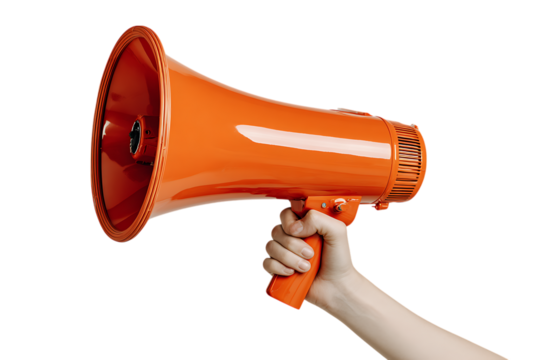 Hand holding an orange megaphone.