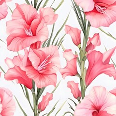 Obraz premium A vibrant seamless pattern of beautiful pink gladiolus flowers in full bloom. This design showcases the intricate details of the petals, along with the green stems and leaves. 