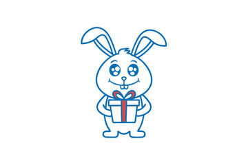 Charming bunny with outlined drawing style holds a present wrapped with ribbon