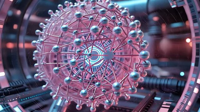 Detailed rendering of a complex molecular structure with interconnected spheres and vibrant lighting
