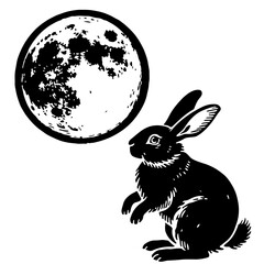 Black and white illustration of a rabbit gazing at the full moon