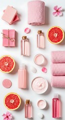 Naklejka premium Pink spa products and grapefruit slices arranged on a white background