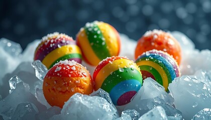 Rainbow dessert balls nestled amongst glistening ice, frost, and snowflakes,   icy background,   aesthetic