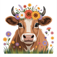 Charming Cow Adorned with a Crown of Flowers