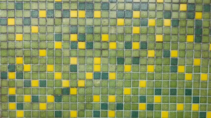 horizontal photo of green and yellow square tiles mosaic wall background wallpaper