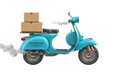 Teal scooter delivering packages. Quick and efficient shipping concept.