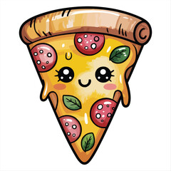 Cute Cartoon Pizza Slice with Pepperoni and Basil