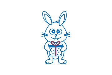 Blue cartoon rabbit holding a polka dot gift with a red bow icon