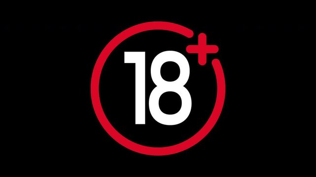 18 plus not allowed sign animation on dark background. Under 18 sign warning symbol. Over 18 only censored. eighteen age older. 4K animation.