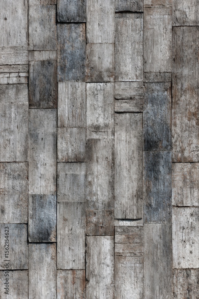 Poster detailed, textural pattern of gray wooden planks arranged in a mosaic style, creating a rustic backd