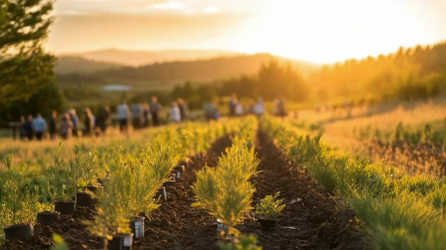 Peaceful scene of a reforestation project showing evenly planted rows of saplings in an open field under natural daylight
