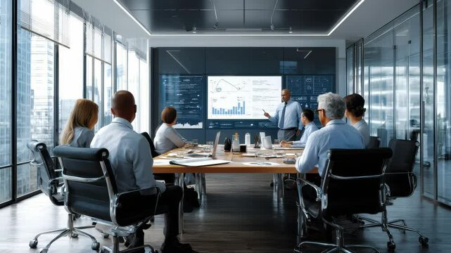 A professional team collaborates in a modern boardroom during a business presentation, discussing key strategies and data.