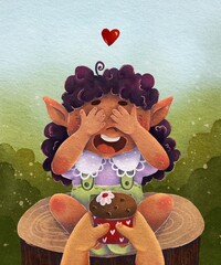 Shy forest elf girl covering her eyes in an emotional moment. A sweet and expressive fantasy illustration for children's products and magical stories.