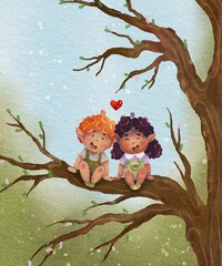 Two young elves sit on a tree branch enjoying nature together. A heartwarming fantasy scene ideal for storybooks, posters, or greeting cards.