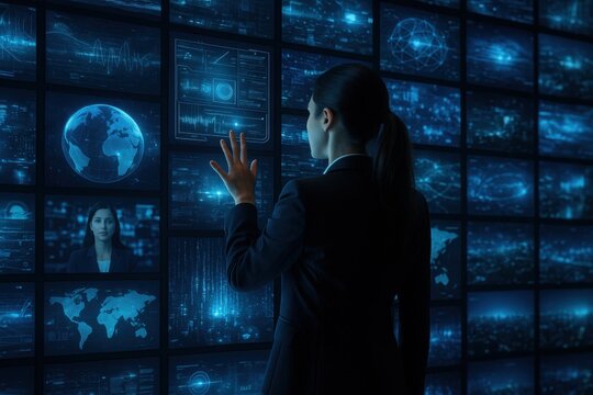 Woman in Control: A focused professional woman stands amidst a wall of digital screens, seamlessly interacting with global data streams.