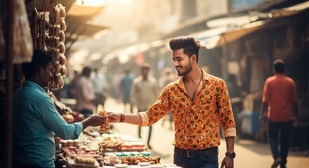 Man buys snacks from street vendor buying