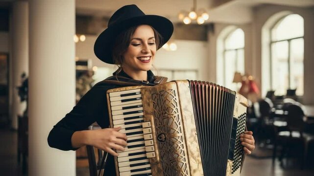 Young Woman Smiling While Playing Accordion in Cozy Cafe Setting