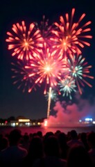 Obraz premium Generative AI stunning celebratory sky bursts over nighttime water vista with watching crowd