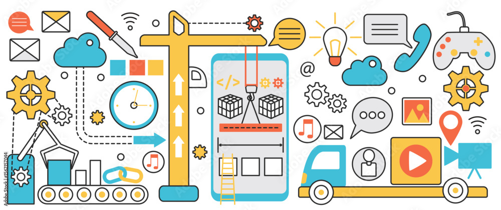 Poster mobile app development process with icons for coding, design, communication, and technology tools pe
