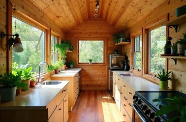 Cozy small home interior with wooden decor and green plants, large windows revealing a forest view—perfect for nature retreat, peaceful getaway, eco-friendly travel inspiration in the wild, tourism