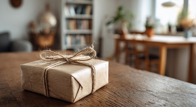 Close-up of small brown paper package with twine on wooden table, beige aesthetic home living room background.