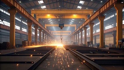 Large Industrial Foundry with Glowing Sparks and Overhead Cranes in Motion.