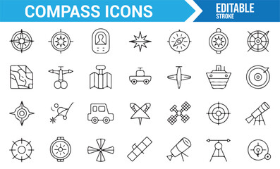 Set of navigation icons, including compass roses, maps, and journey symbols for travel designs.