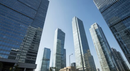 Obraz premium Low-angle view of modern skyscrapers reaching towards a clear blue sky.