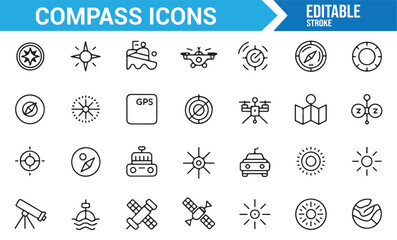 Various travel and orientation icons depicting direction, GPS, and exploration.
