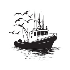Naklejka premium Commercial Fishing Boat Silhouette, Fishing Boat and bird Silhouettes, black and white illustration isolated on white background