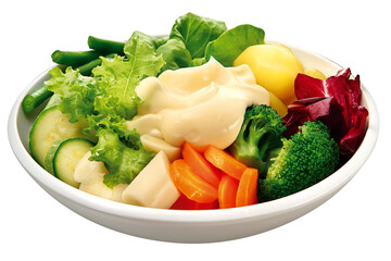 tigela com salada de alface, rúcula, cenoura, brócolis, abobrinha, batata, palmito e vagem isolado em fundo transparente