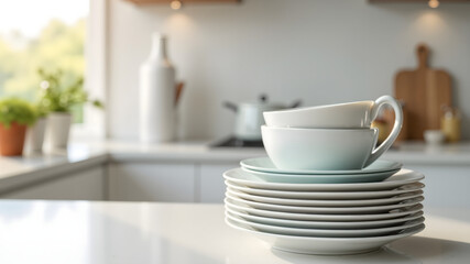 Realistic stack of plates and glasses on a blurred background of a light modern kitchen. Stack of fresh clean washed dishes, kitchen utensils
